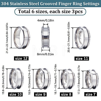 SUNNYCLUE 18Pcs 6 Size 304 Stainless Steel Grooved Finger Ring Settings RJEW-SC0001-05P-1