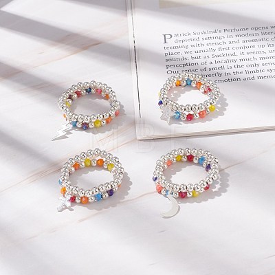 2Pcs 2 Style Glass & Brass Beaded Stretch Finger Rings with Charms for Women RJEW-JR00480-1