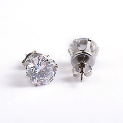 Flat Round 304 Stainless Steel Cubic Zirconia Stud Earrings EJEW-H306-38-5mm-1