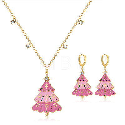 Christmas Tree Brass Enamel & Cubic Zirconia Hoop Earrings & Pendant Necklaces Sets for Women FS-WGBC4E9-03-1