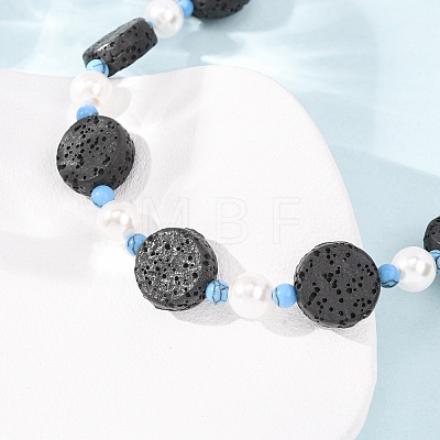 Dyed Natural Lava Rock & Round Synthetic Turquoise & Imitation Pearl Beaded Necklaces GG-CBA922D-07B-1