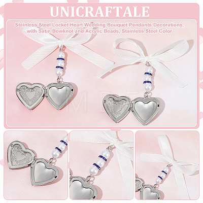 2Pcs 316 Stainless Steel Locket Heart Wedding Bouquet Pendants Decorations HJEW-UN00043-1
