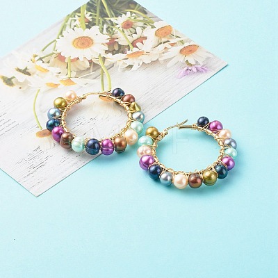 Natural Pearl Beads Hoop Earrings with 304 Stainless Steel Pin EJEW-JE04567-1