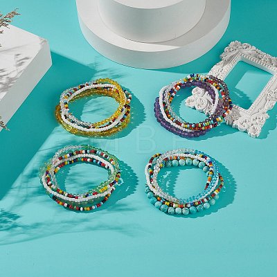 Faceted Glass & Gemstone Stretch Beaded Bracelets Sets BJEW-TA00202-1
