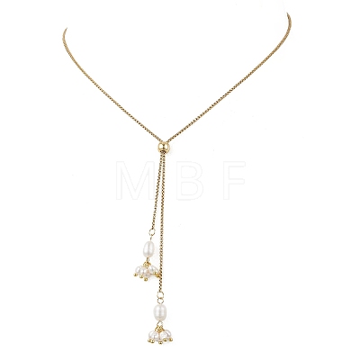 Natural Cultured Freshwater Pearl Flower Beaded Pendant 304 Stainless Steel Cable Chain Lariat Necklaces NJEW-JN05970-1
