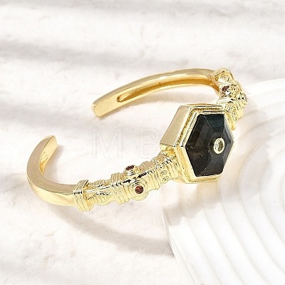 Hexagon Brass Pave Natural Labradorite & Cubic Zirconia Cuff Bangles for Women BJEW-Z172-01G-07-1