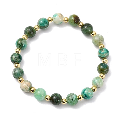 Natural Green Line Jasper & Brass Beads Stretch Bracelets for Women Men BJEW-JB13832-1