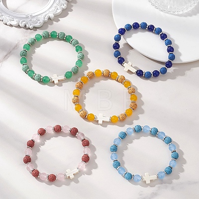 Natural Lava Rock & Malaysia Jade Round Beaded Stretch Bracelets BJEW-JB13452-1