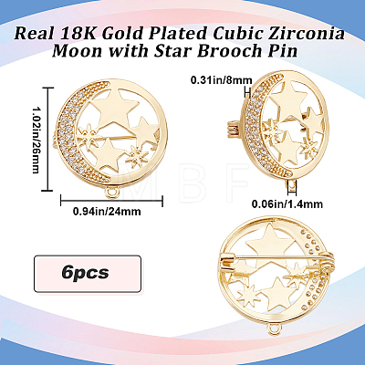6Pcs Clear Cubic Zirconia Moon with Star Brooch Pin JEWB-BBC0001-02-1