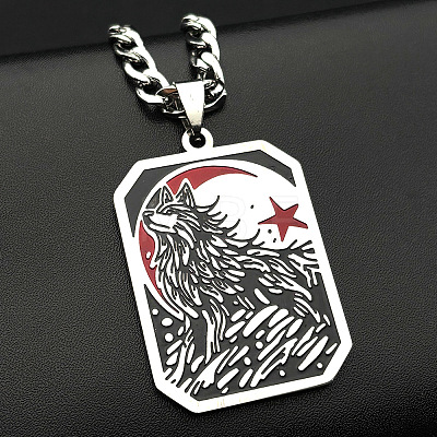 304 Stainless Steel Enamel Black Wolf Dog Tag Pendant Necklaces for Men WG9808E-01-1