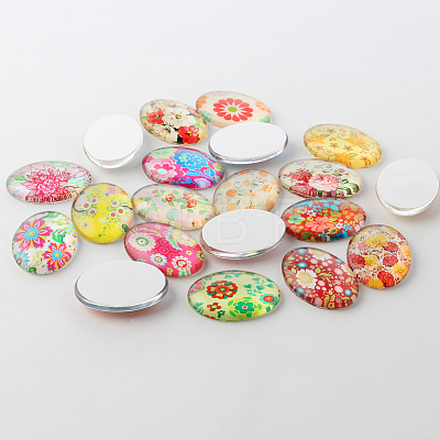 Multi-Color Floral Pattern Theme Ornaments Glass Oval Flatback Cabochons GGLA-A003-18x25-SS-1