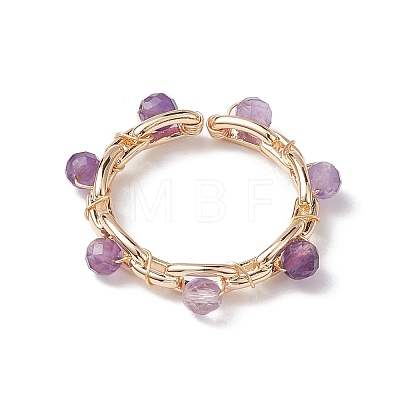 Round Natural Mixed Gemstone Bead Open Cuff Ring RJEW-JR00724-1