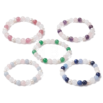 Natural Mixed Gemstone & Pearl Round Beaded Stretch Bracelets for Women BJEW-JB11041-1