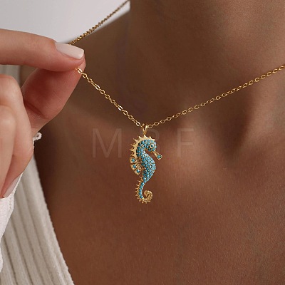 Ocean 304 Stainless Steel Aquamarine Rhinestone Sea Horse Pendant Cable Chain Necklaces for Women WGFC42F-01-1