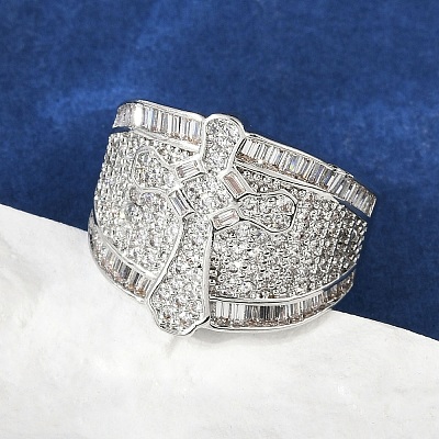 Brass Micro Pave Clear Cubic Zirconia Open Cuff Rings for Women RJEW-A059-04P-1