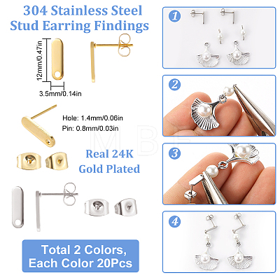 40Pcs 2 Colors 201 Stainless Steel Oval Stud Earring Findings STAS-SC0005-34-1