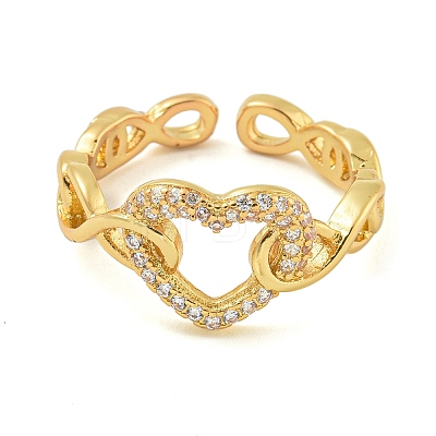 Heart Brass Micro Pave Clear Cubic Zirconia Hollow Open Cuff Rings for Women RJEW-M016-04G-1