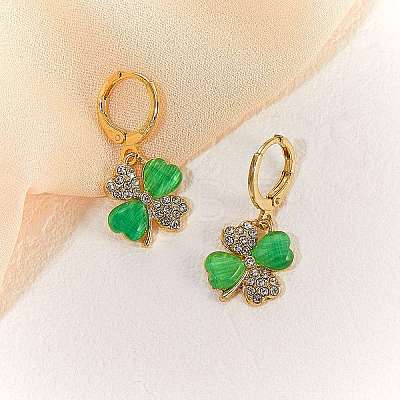 Four Leaf Clover Hoop Earrings Alloy Huggie Hoop Earrings Green Shamrock Hoop Earrings Rhinestone Hoop Earrings St Patrick's Day Ear Jewelry Gift for Women JE1083A-1