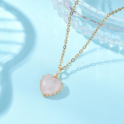 Natural Rose Quartz Copper Wire Wrapped Heart Pendant 304 Stainless Steel Cable Chain Necklaces NJEW-JN05779-01-1