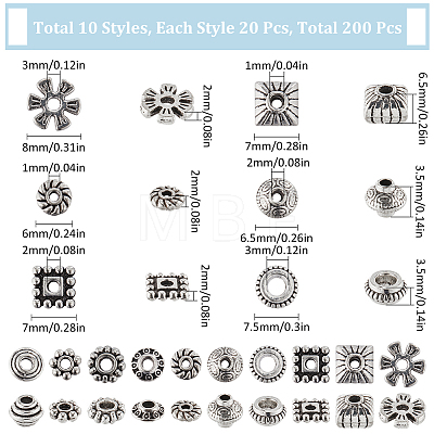 SUNNYCLUE 200Pcs 10 Styles Tibetan Style Alloy Spacer Beads TIBEB-SC0001-27-1