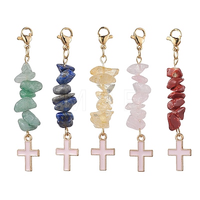 5Pcs 5 Style Natural Mixed Gemstone Chips & Alloy Enamel Cross Pendant Decorations HJEW-JM01793-S-1