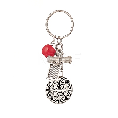 Tibetan Style Alloy Flat Round and Word Pendant Keychain with Apple Resin Charms KEYC-TA00007-1