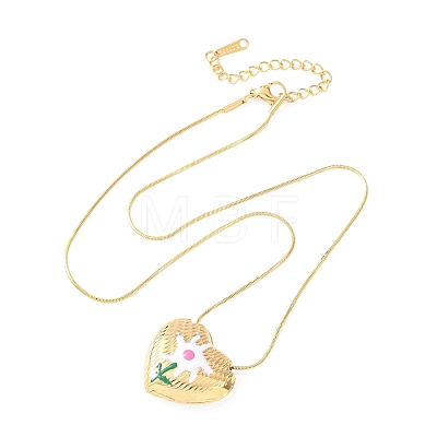 304 Stainless Steel Enamel Heart with Flower Pendant Necklaces for Women NJEW-D347-01G-02-1