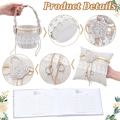 1Pc Square Linen Lace Wedding Ring Display Pillow with Flower AJEW-WA0004-22-1