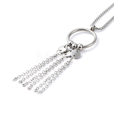 Non-Tarnish 304 Stainless Steel Ring with Tassel Pendant Necklace with Box Chains for Women NJEW-B087-01P-1