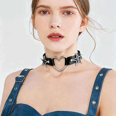 Punk Rock Style Alloy Star Heart Link Imitation Leather Chocker Necklaces NJEW-WH20004-20A-1