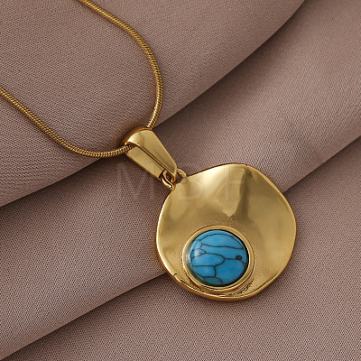 304 Stainless Steel with Dyed Synthetic Turquoise Disc Pendant Necklaces for Women ON4830-1