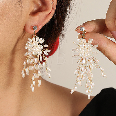 Flower Brass Plastic Pearl Tassel Clip-on Earrings FS-WG7092D-01-1