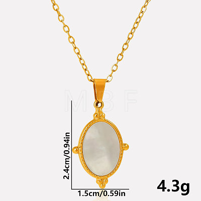 304 Stainless Steel Pave Natural White Shell Geometric Oval Pendant Necklaces AX5214-4-1