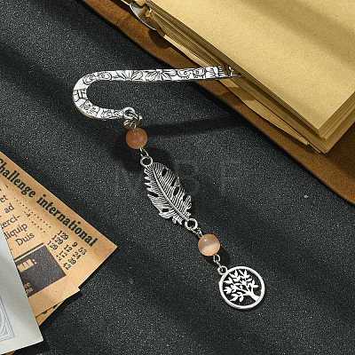 Tree of Life Feather Tibetan Style Alloy Pendant Bookmark with Cat Eye AJEW-JK00277-06-1