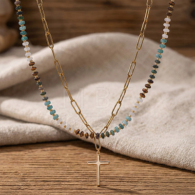 Stainless Steel Religion Cross Pendant Colorful Natural Mixed Gemstone Rondelle Beaded Double Layer Necklaces for Women KG2971-1