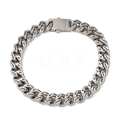 304 Stainless Steel Engraved Beast & Christian Upside Down Cross Cuban Link Chain Bracelets for Women Men BJEW-F529-17P-1