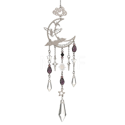 Halloween Bat Moon Stainless Steel & Brass & Glass Beads Suncatchers HJEW-TA00500-1