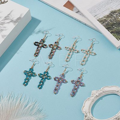 Natural Gemstone Braided Hollow Out Cross Dangle Earrings EJEW-JE05138-1