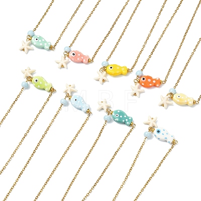 Ocean Synthetic Turquois Starfish & Handmade Porcelain Fish Pendant 304 Stainless Steel Cable Chain Necklaces NJEW-JN06139-1