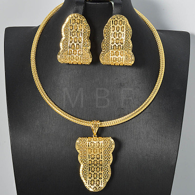 Brass Hollow Leaf Pendant Necklaces & Stud Earrings Sets for Women FS-WG489B7-01-1