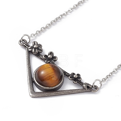 Natural Tiger Eye Triangle with Flower Pendant Necklace NJEW-P274-01AS-01-1