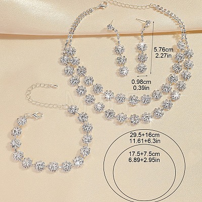 Flower Alloy Rhinestone Chain Double Layer Necklaces & Stud Dangle Earrings & Bracelets Sets FS-WG0F210-01-1