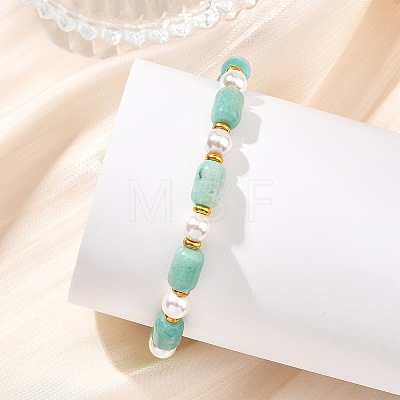 Natural Amazonite & Shell Pearl & Brass Beads Stretch Bracelets for Women BJEW-JB13865-03-1