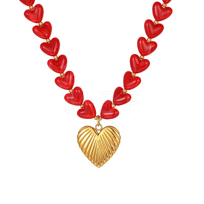 Valentine's Day 304 Stainless Steel Heart Pendant Resin Beaded Necklaces for Women FS-WG68522-01-1