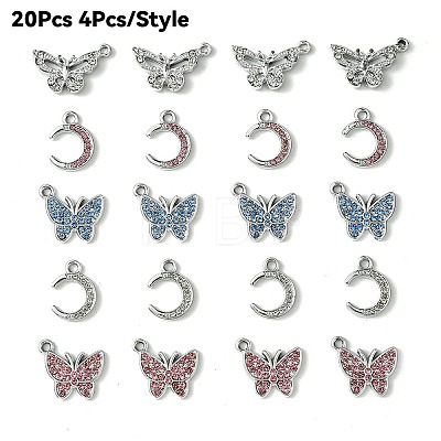 20Pcs 5 Styles Platinum Alloy Crystal Rhinestone Pendants ALRI-YW0001-22-1