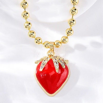 Brass Red Enamel Strawberry Pendant Ball Chain Necklaces NJEW-Z059-02G-1