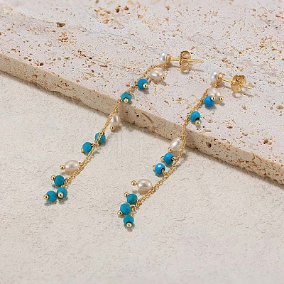 Dyed Natural Turquoise & Pearl Dangle Stud Earrings EJEW-G369-02G-1