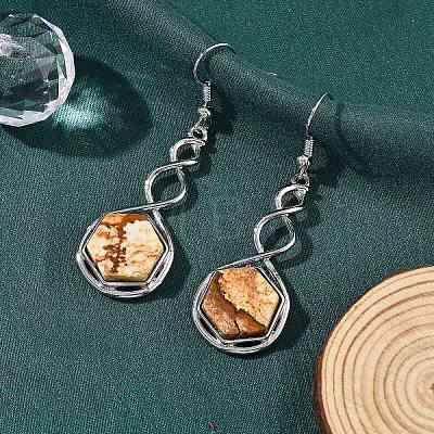 Hexagon Natural Picture Jasper Dangle Earrings EJEW-K298-01P-11-1