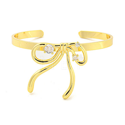 Bowknot Rack Plating Brass Pave Clear Cubic Zirconia Open Cuff Bangles for Women BJEW-P322-08G-1