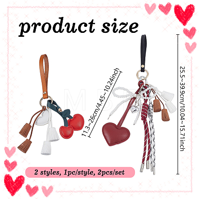 2Pcs 2 Styles Imitation Leather & Faux Suede Tassel & Plastic Pearl Heart Cherry Bowknot Pendant Keychains HJEW-GA00082-1